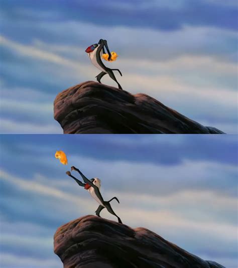 Simba thrown off cliff. Mufasa saves Simba, just as the cub is thrown off a precariously placed tree branch, and stashes him on a cliff perch near the fracas before falling back into it. 