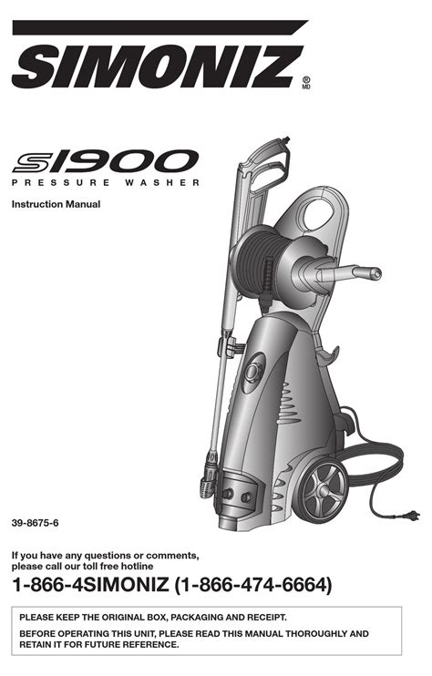 View and Download Simoniz S1900 use and care manual online. 1900 PSI Electric Pressure Washer. S1900 pressure washer pdf manual download. Also for: 039-8547-2, Xe16 s2000, S1700, S1600, S1800. ... 4 Parts List. Part List. 5 Assembly Instructions. Surface Preparation. Water Supply (Cold Water Only) ... Pressure Washer Simoniz ….