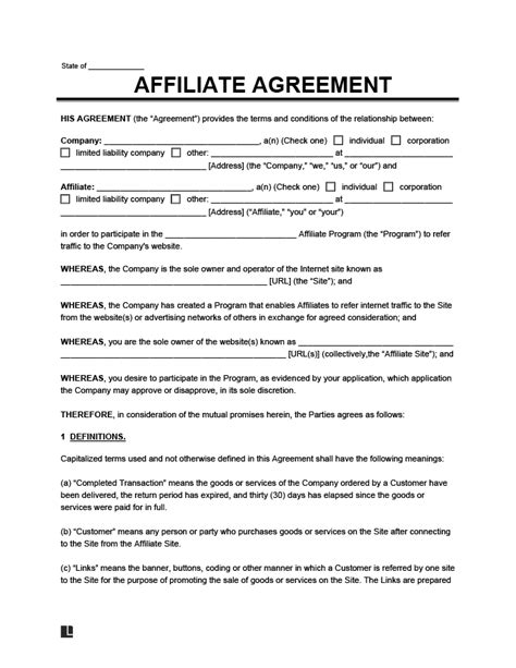 Simple Affiliate Agreement Template Form Fill Out and Sign Printable