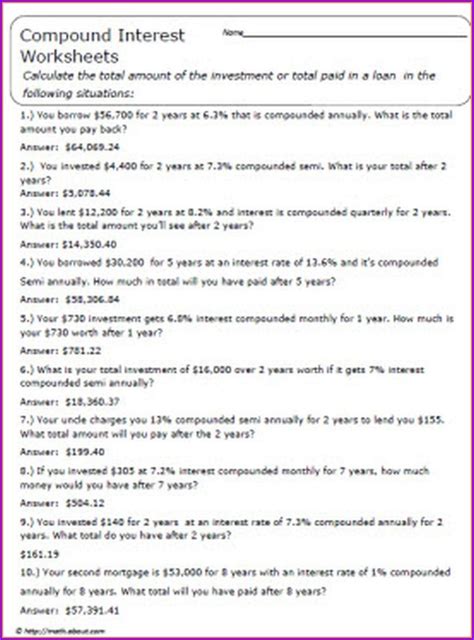 Simple And Compound Interest Word Problems Worksheet With Answers