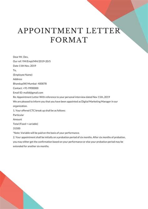 Simple Appointment Letter Word Format For Employee