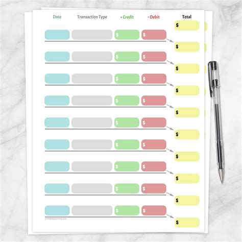 Simple ColorCoded Financial Transaction Register Printable at