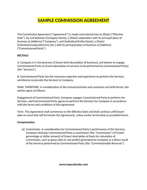 Simple Commission Agreement Template Database