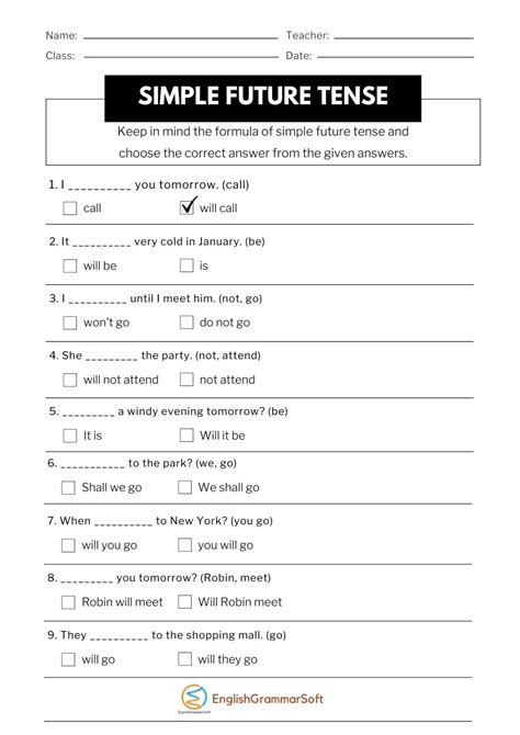Simple Future Tense Worksheets with Answers EnglishGrammarSoft