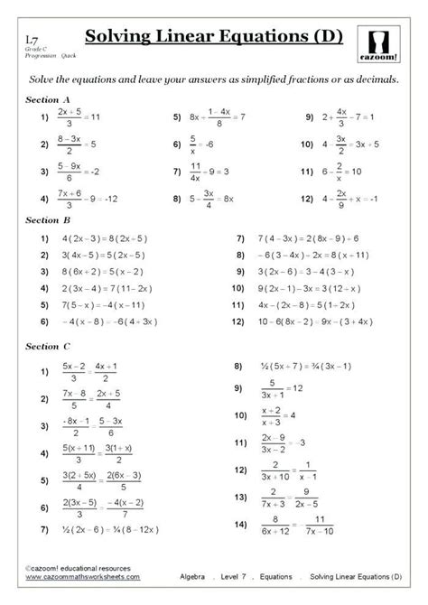 Simple Linear Equations Class 7 Worksheets