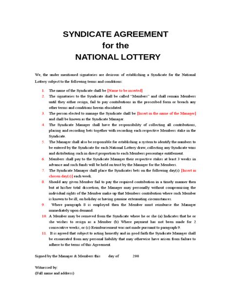 Simple Lottery Syndicate Agreement Form Free Download