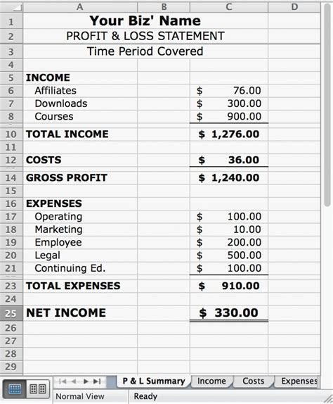 Simple P L Statement Excel And Sheets Occasions Example Business in