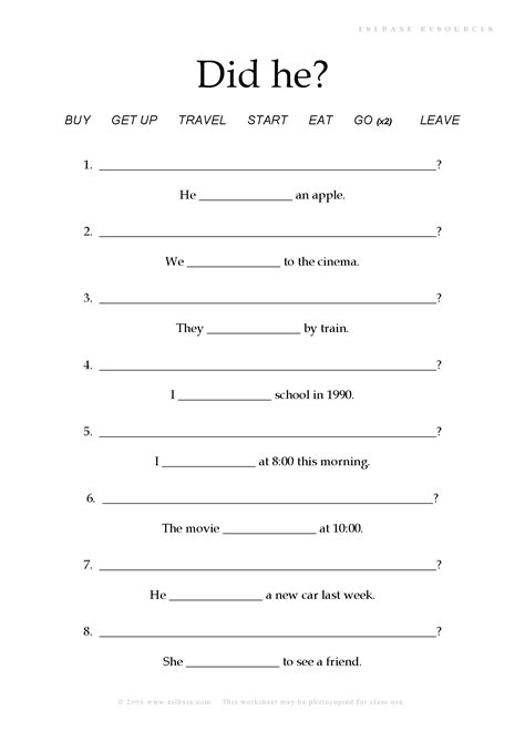 Simple Past 57 Questions with DID Worksheet - first-english.org