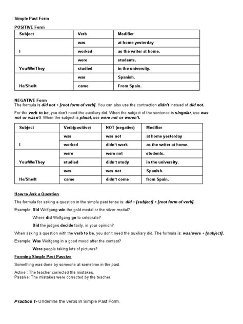 Simple Past Form PDF Verb Subject (Grammar)