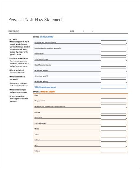 Simple Personal Cash Flow Statement