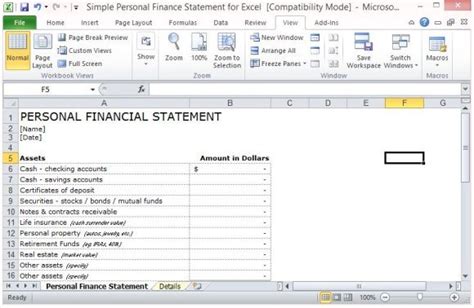 Simple Personal Finance Statement Template For Excel
