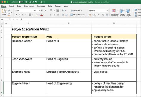 Simple Project Escalation Matrix Template to define escalation paths