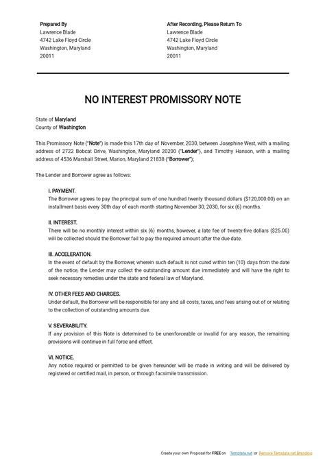 Simple Promissory Note No Interest Promissory note, Notes template