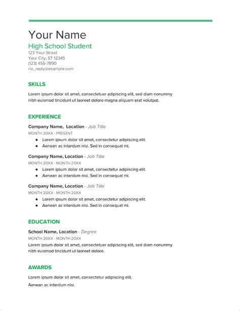 Simple Resume Template For High School Students