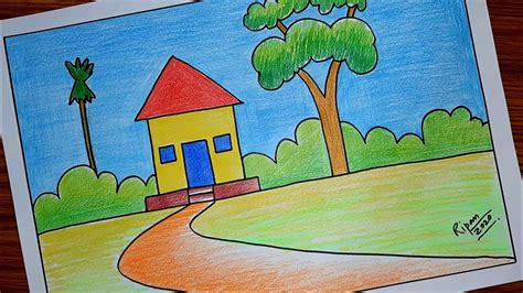Simple Scenery Drawing Easy Step By Step/Crayon Colour Drawing For