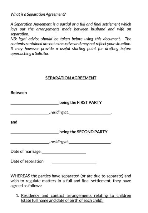 Simple Separation Agreement Template