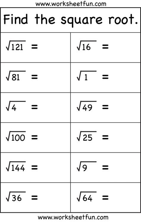 Simple Square Root Worksheets