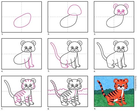 Simple Tiger Drawing for Children Tutorial and Tiger Coloring Web page