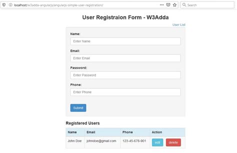Simple User Registration Form Example In Angularjs W3schools Tutorialspoint W3adda