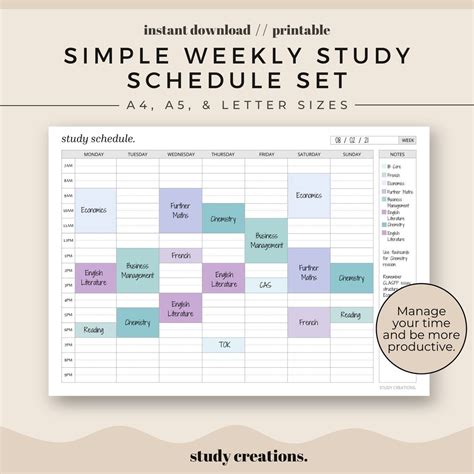 Simple Weekly Study Schedule Printable Set Weekly Revision Etsy UK