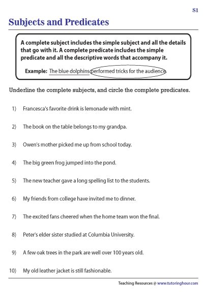 Simple and Complete Subjects and Predicates Free Worksheet