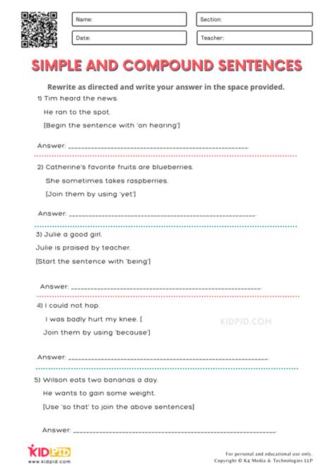 Simple and Compound Sentence Printable Worksheets for Grade 2 Kidpid