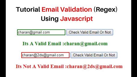 Simple email regex validation in javascript client side snippet YouTube