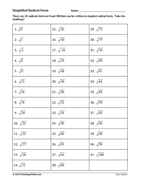 Simplest Radical Form Worksheet