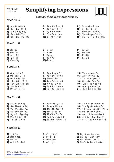 Simplification worksheet for class 6 - Math Tutor