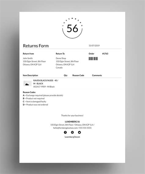 Simplified Returns Form template for Shopify Order Printer Templates