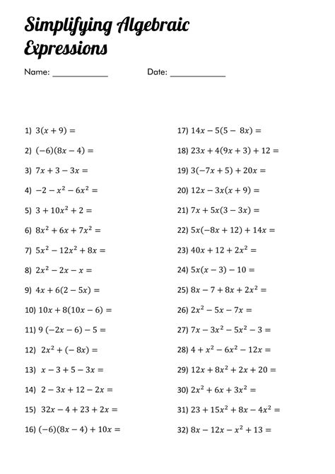 Simplify Algebraic Expressions Worksheets