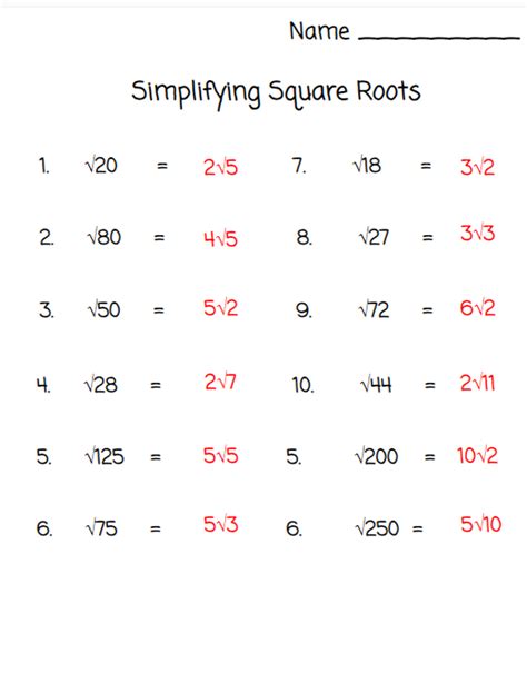 Simplify Square Root Worksheets