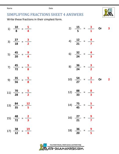 Simplifying Fractions Worksheet With Answers