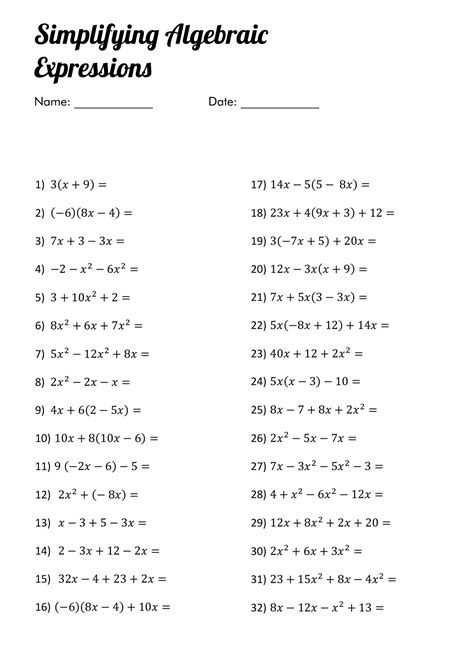 worksheets to practise algebraic simplificationrovide a . We p 7-page summary of the basics of simplifying algebraic expressions where we explain important concepts, terminology, notation and procedures with illustrative examples. We also include some discussion on what makes algebra confusing and what must be done to overcome these difficulties.. 