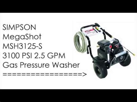Model Number: MSH3125-S; Product Type: Pressure Washer; Engine: Honda GC190; Pump Type: Axial, triplex plunger; Pressure: 3200 PSI; Water Flow: 2.5 GPM; Power Source: Gasoline; Dimensions: 21 x 24 x 34 inches; Weight: 66 pounds; Accessories Included: 25 ft hose, spray gun, 5 quick connect nozzles. 