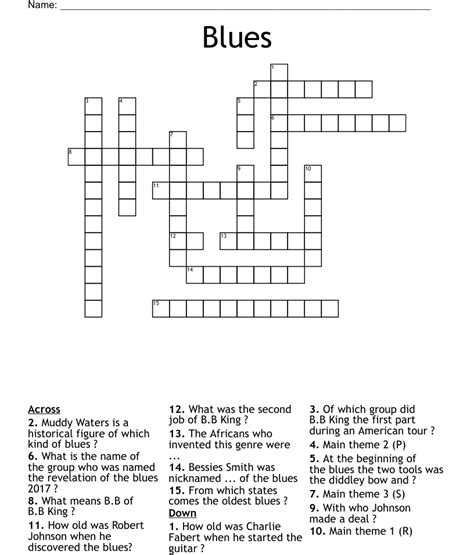 Sing the blues crossword. April 19, 2024December 5, 2021by David Heart. We solved the clue 'James who sang “I Sing the Blues”' which last appeared on December 5, 2021 in a N.Y.T crossword puzzle and had four letters. The one solution we have is shown below. Similar clues are also included in case you ended up here searching only a part of the clue text. 