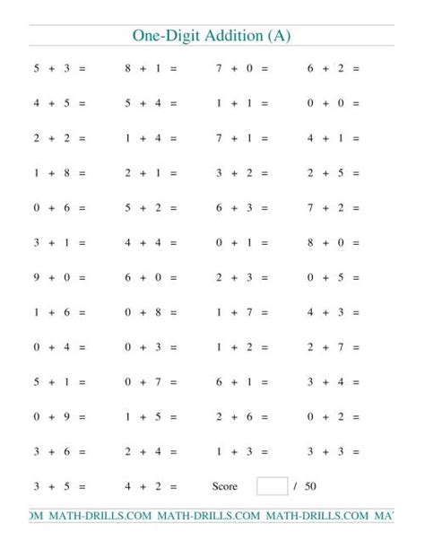 Single Digit Addition 50 Horizontal Questions (A) Math Worksheet 