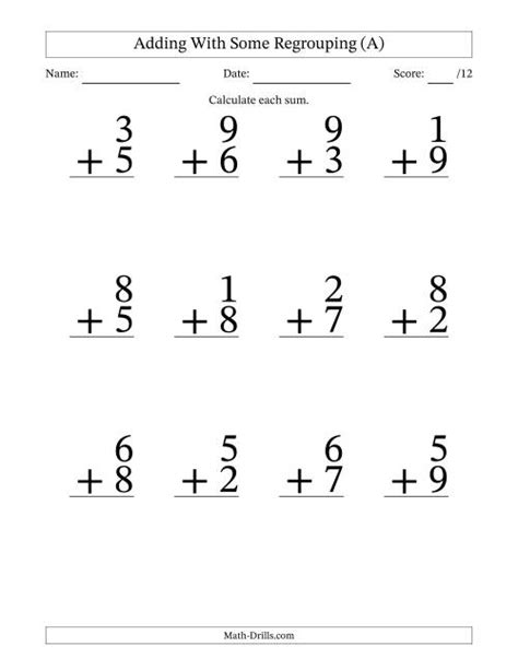 Single Digit Addition Some Regrouping 12 per page (A) Addition