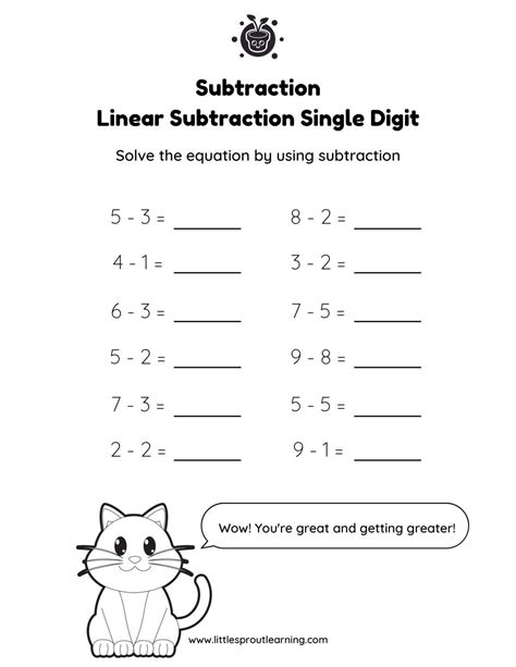 Single Digit Linear Subtraction Worksheet