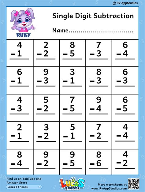 Single Digit Subtraction Fluency Worksheets