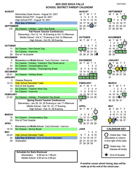 Sioux Falls District School Calendar 20212022 With Holidays School