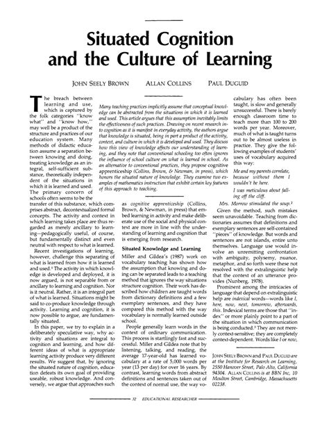 Situated Cognition and the Culture of Learning