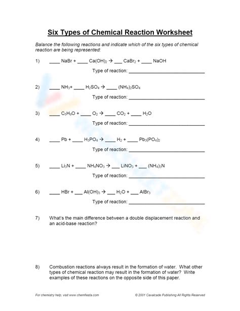 Six Types Of Chemical Reaction Worksheet Answers