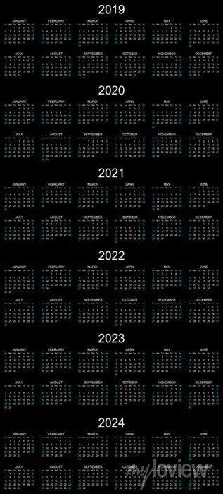 Six year calendar 2019, 2020, 2021, 2022, 2023 and 2024 in black