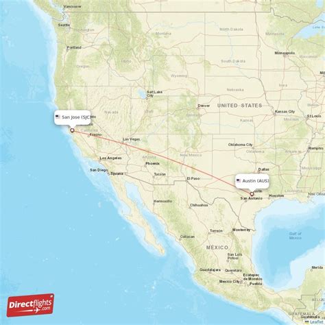 A domestic route departing from the Austin airport (AUS) and arriving at San Jose airport (SJC). The flight distance is 1472 miles, or 2369 km. The timezone of the departure airport is UTC-6 , and the timezone of the arrival airport is UTC-8 .. 