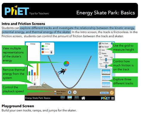 The PhET: Energy Skate Park Basics Activity Guide is used along with the free *Next Generation PhET Simulation “ Energy Skate Park Basics”. Students will discover the relationship between Kinetic Energy, Potential Energy, and Speed and how a skater’s motion is effected by changes in Mass and Friction. Then, students can apply what they ... 