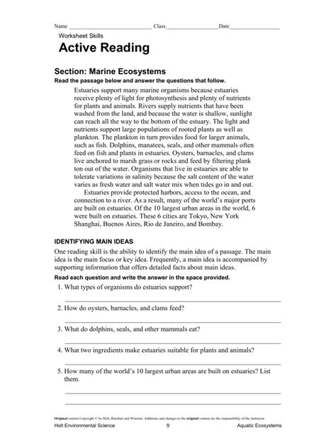 Skills Worksheet Active Reading What Is An Ecosystem Answers