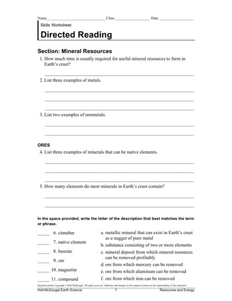 Skills Worksheet Directed Reading A Answers Key Earth Science
