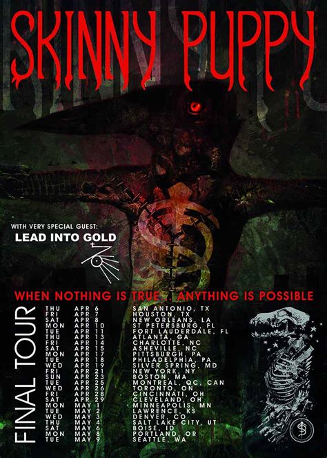 Skinny puppy tour. Skinny Puppy. Tour merch is now available on our online merch store. Link in bio! www.skinnypuppymerch.com. I want to know if that show was recorded and on dvd for sale. That was an awesome show and I'd love to see it again. 