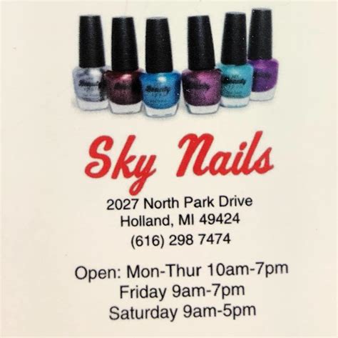 With so few reviews, your opinion of Sky Nails could be huge. Start your review today. Overall rating. 3 reviews. 5 stars. 4 stars. 3 stars. 2 stars. 1 star. Filter by rating. Search reviews. Search reviews. Lucretia T. MD, MD. 0. 27. 31. May 31, 2021. 10 photos. We love taking a Sunday afternoon Drive to do couples pedicures! Very mindful and ...